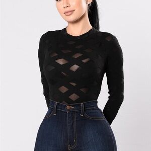 Fashion Nova Black Sheer Geometric Long-Sleeve Bodysuit